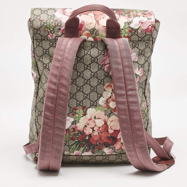 Pre Owned Gucci Pink/Beige GG Supreme Canvas Blooms Drawstring Bakcpack