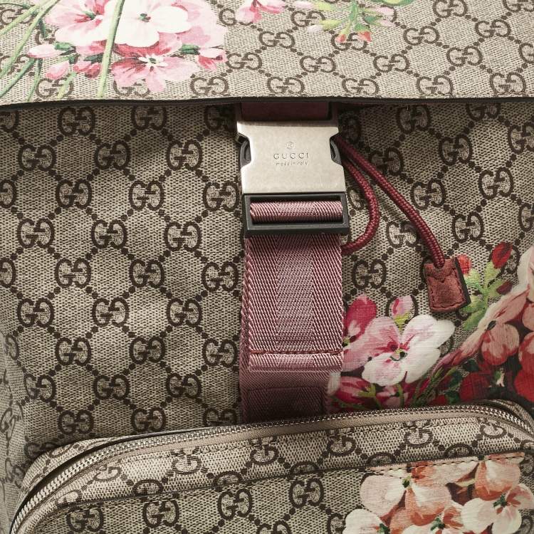 Pre Owned Gucci Pink/Beige GG Supreme Canvas Blooms Drawstring Bakcpack