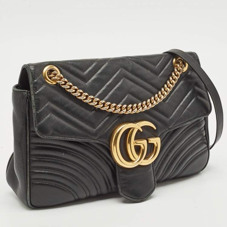 Pre Owned Gucci Black Matelasse Leather Medium GG Marmont Shoulder Bag