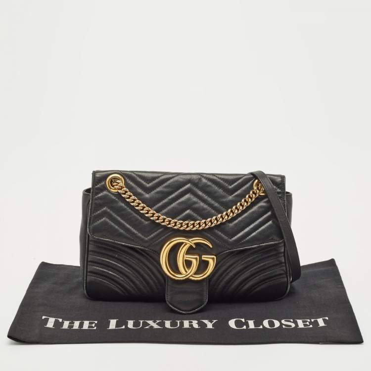 Pre Owned Gucci Black Matelasse Leather Medium GG Marmont Shoulder Bag