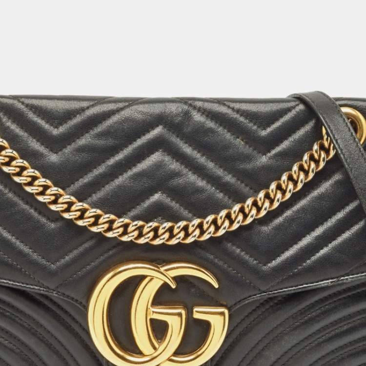 Pre Owned Gucci Black Matelasse Leather Medium GG Marmont Shoulder Bag