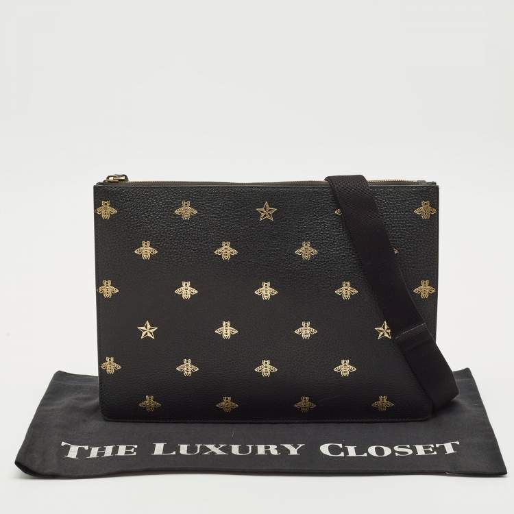 Pre Owned Gucci Black Leather Bee Star Messenger Bag