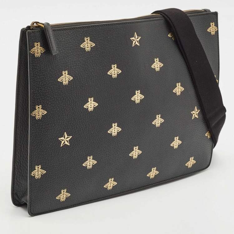 Pre Owned Gucci Black Leather Bee Star Messenger Bag