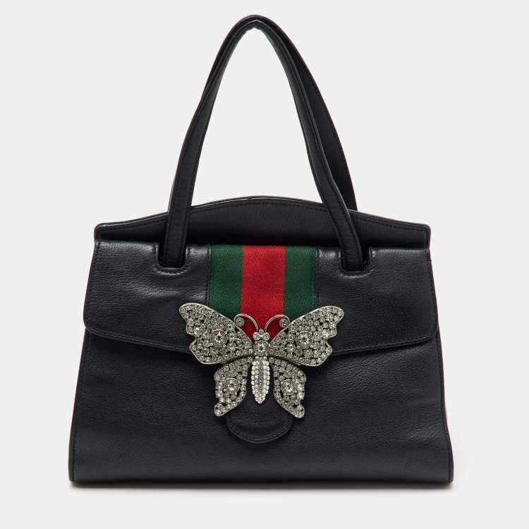 Pre Owned Gucci Black Leather Medium Web Butterfly Embellished Medium Linea Totem Tote