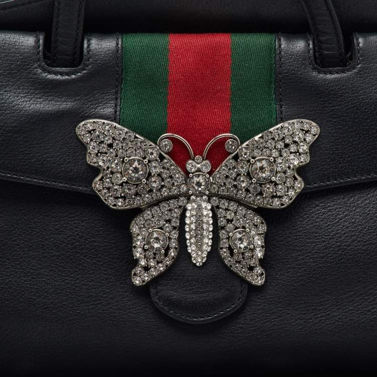 Pre Owned Gucci Black Leather Medium Web Butterfly Embellished Medium Linea Totem Tote