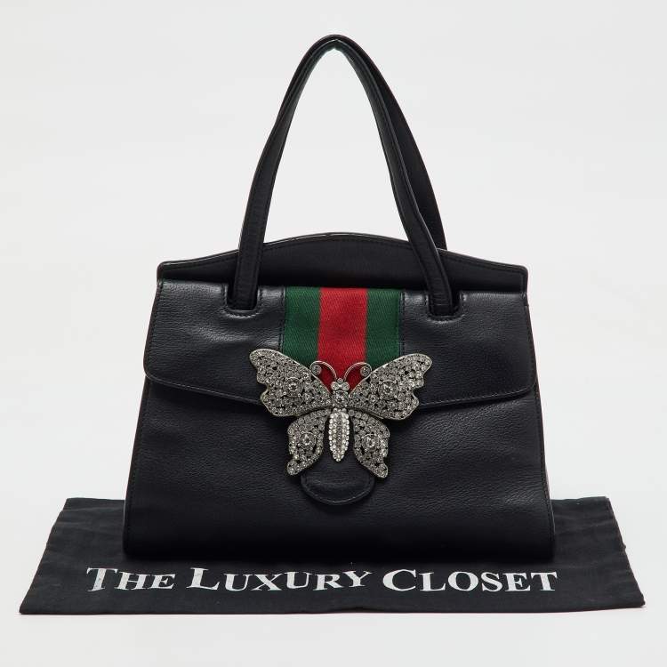 Pre Owned Gucci Black Leather Medium Web Butterfly Embellished Medium Linea Totem Tote