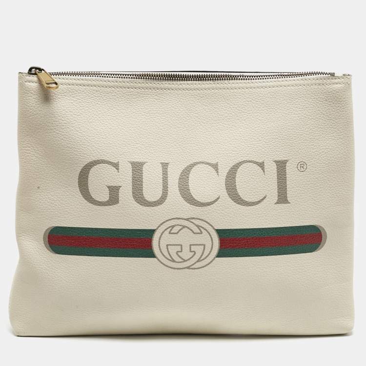 Pre Owned Gucci Off White Leather Logo Print Zip Pouch
