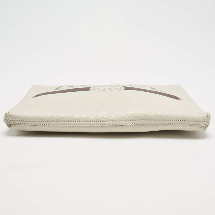 Pre Owned Gucci Off White Leather Logo Print Zip Pouch