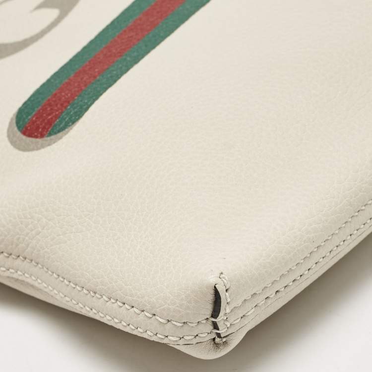 Pre Owned Gucci Off White Leather Logo Print Zip Pouch