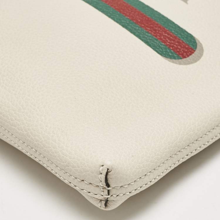 Pre Owned Gucci Off White Leather Logo Print Zip Pouch