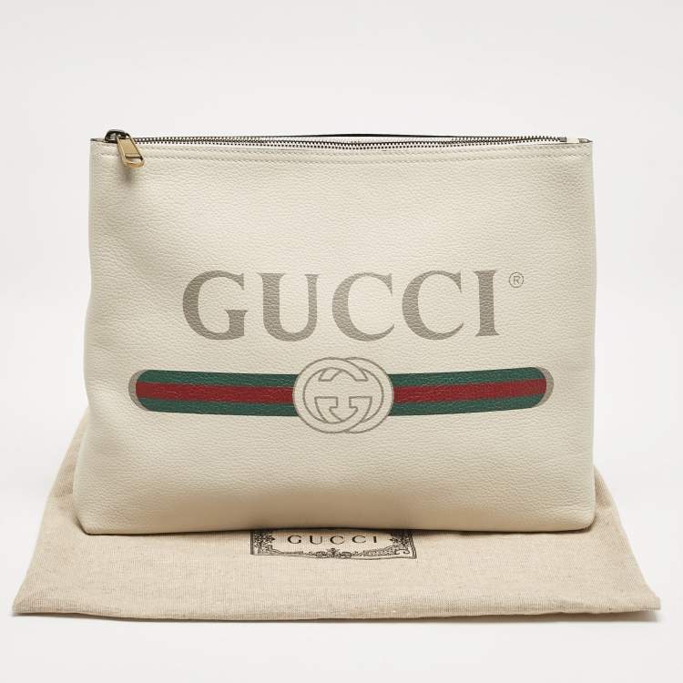 Pre Owned Gucci Off White Leather Logo Print Zip Pouch