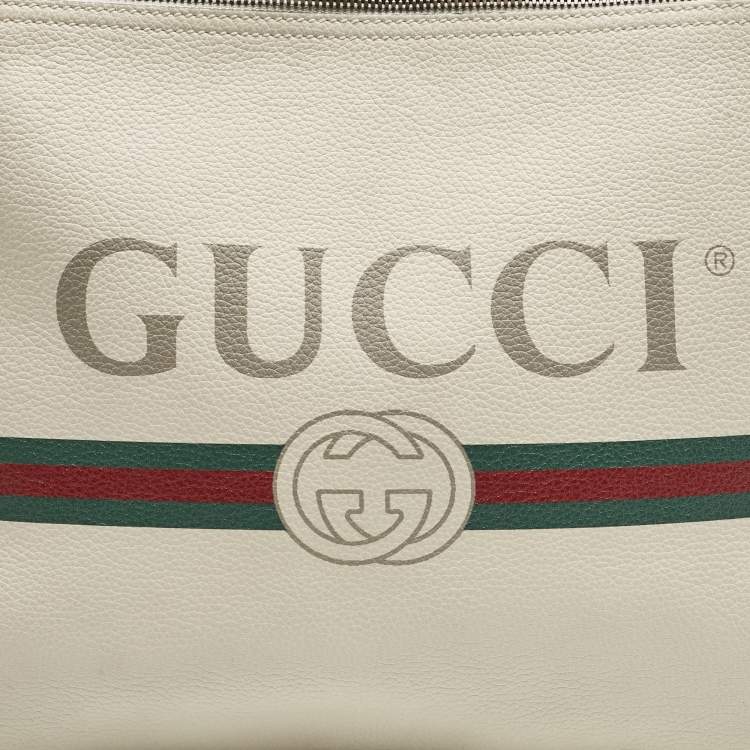 Pre Owned Gucci Off White Leather Logo Print Zip Pouch