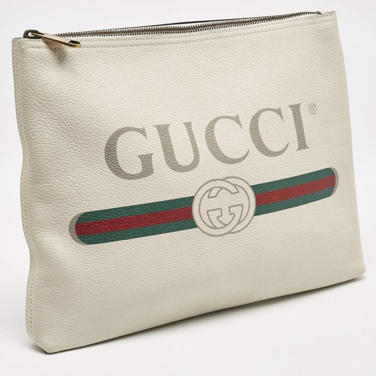 Pre Owned Gucci Off White Leather Logo Print Zip Pouch