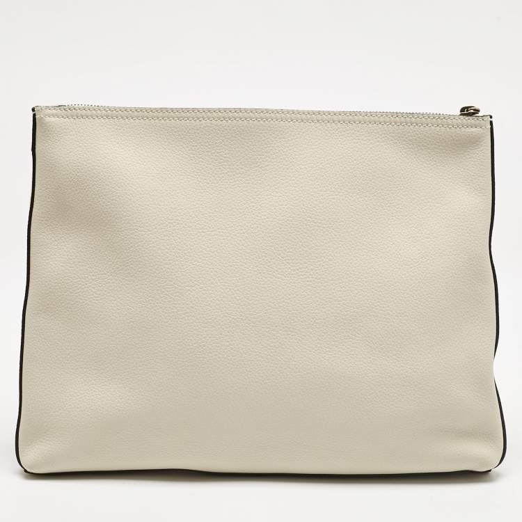 Pre Owned Gucci Off White Leather Logo Print Zip Pouch