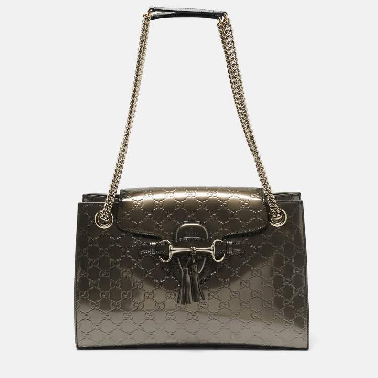 Pre Owned Gucci Metallic Guccissima Patent Leather Large Emily Chain Shoulder Bag