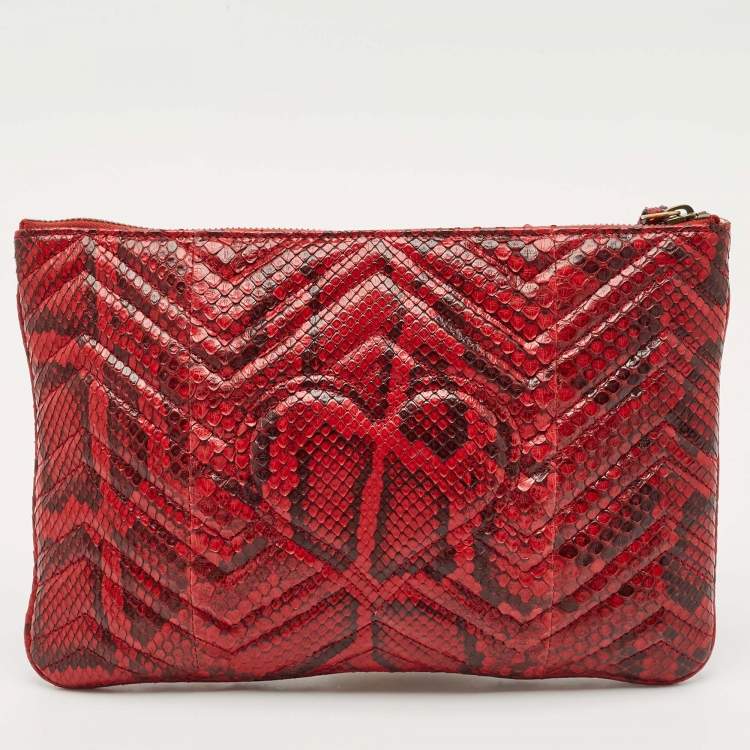 Pre Owned Gucci Red Matelasse Python GG Marmont Zip Pouch 