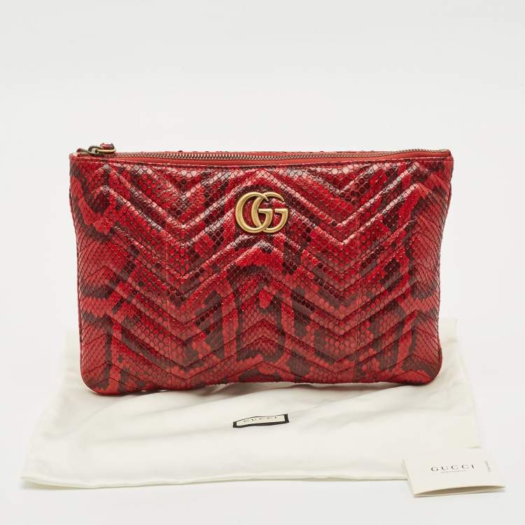 Pre Owned Gucci Red Matelasse Python GG Marmont Zip Pouch 