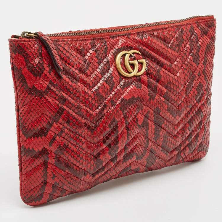 Pre Owned Gucci Red Matelasse Python GG Marmont Zip Pouch 
