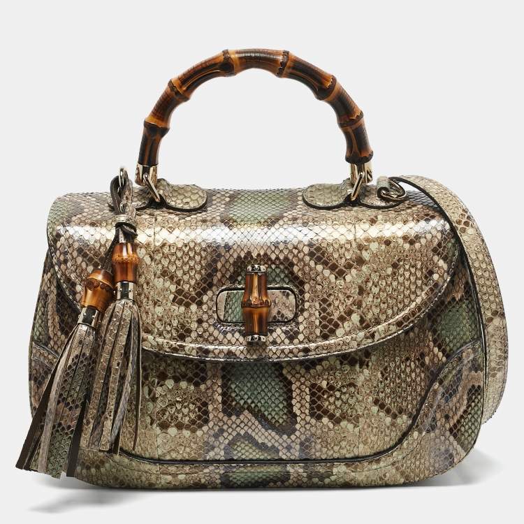 Pre Owned Gucci Multicolor Python Large New Bamboo Tassel Top Handle Bag