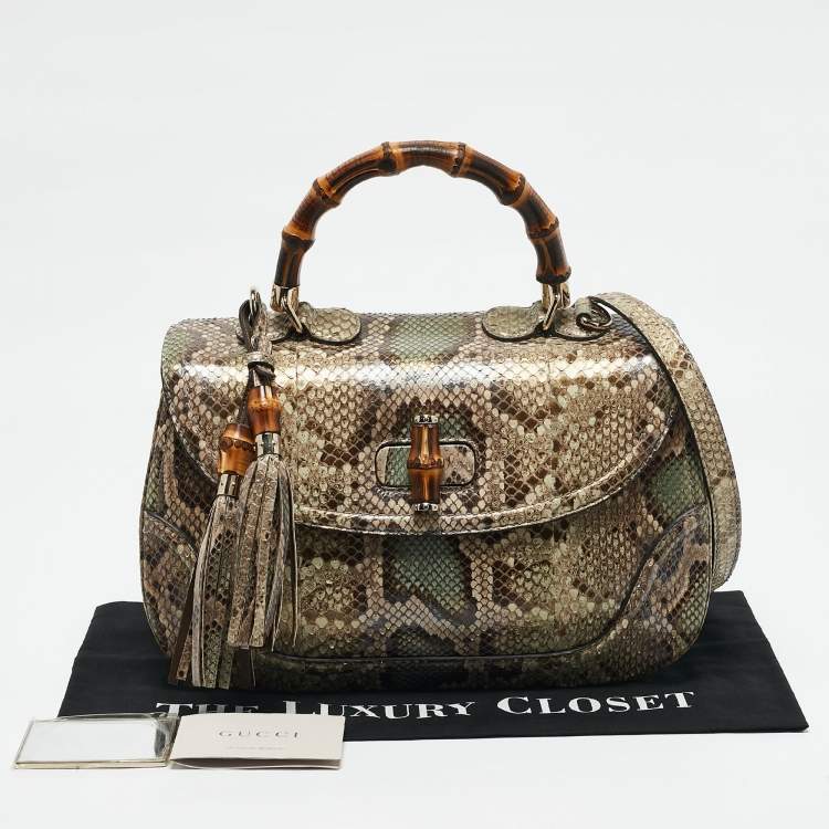 Pre Owned Gucci Multicolor Python Large New Bamboo Tassel Top Handle Bag