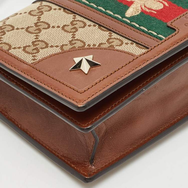 Pre Owned Gucci Brown/Beige Canvas and Leather Bee Web Wallet on Strap
