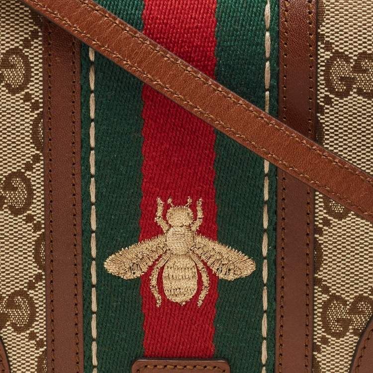 Pre Owned Gucci Brown/Beige Canvas and Leather Bee Web Wallet on Strap