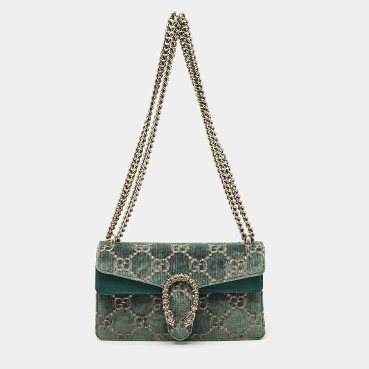 Pre Owned Gucci Green GG Velvet and Leather Small Dionysus Shoulder Bag