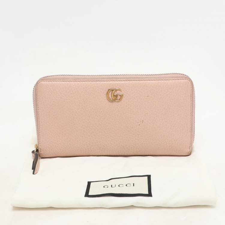 Pre Owned Gucci Pink Leather Marmont Zip Around Continental Wallet