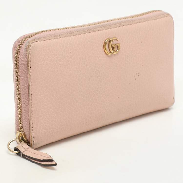 Pre Owned Gucci Pink Leather Marmont Zip Around Continental Wallet