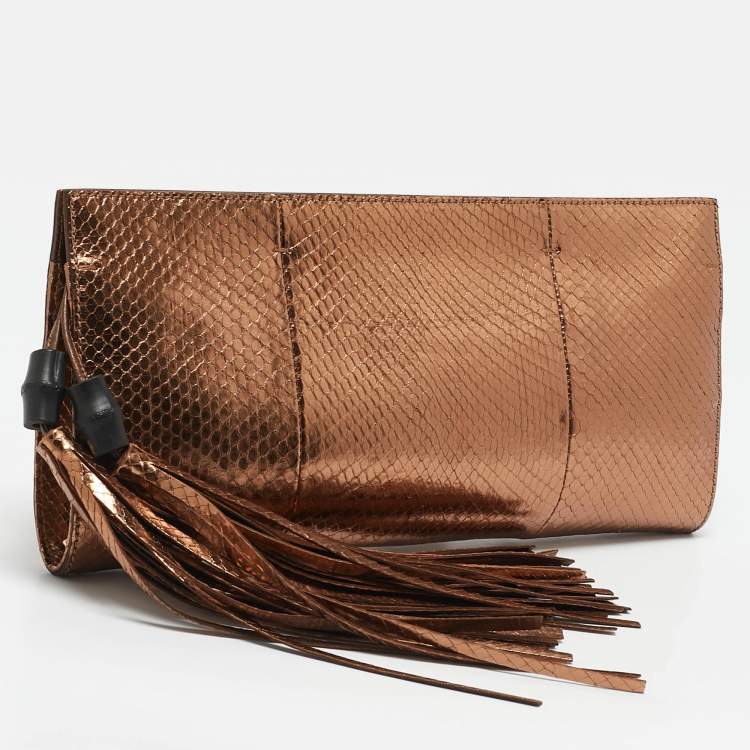 Pre Owned Gucci Bronze Python Nouveau Fringe Clutch