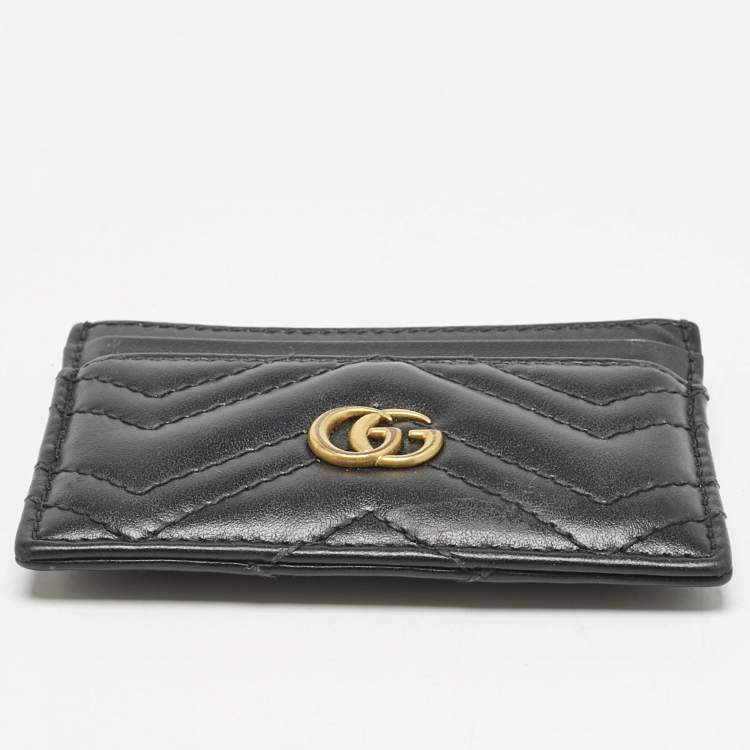 Pre Owned Gucci Black Matelassé Leather GG Marmont Card Holder