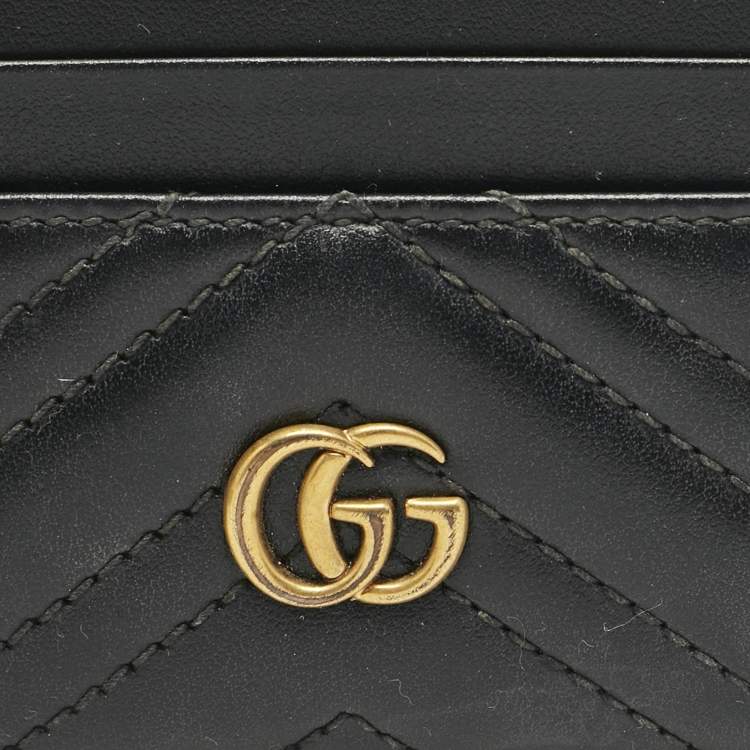 Pre Owned Gucci Black Matelassé Leather GG Marmont Card Holder