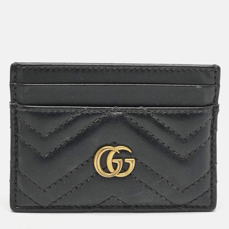 Pre Owned Gucci Black Matelassé Leather GG Marmont Card Holder