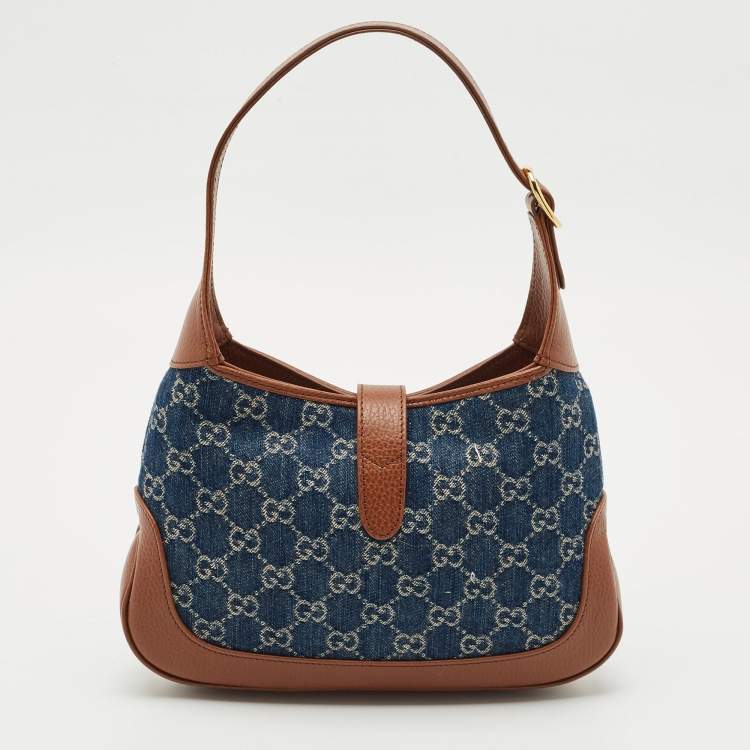 Pre Owned Gucci Blue/Brown GG Denim and Leather Jackie 1961 Shoulder Bag