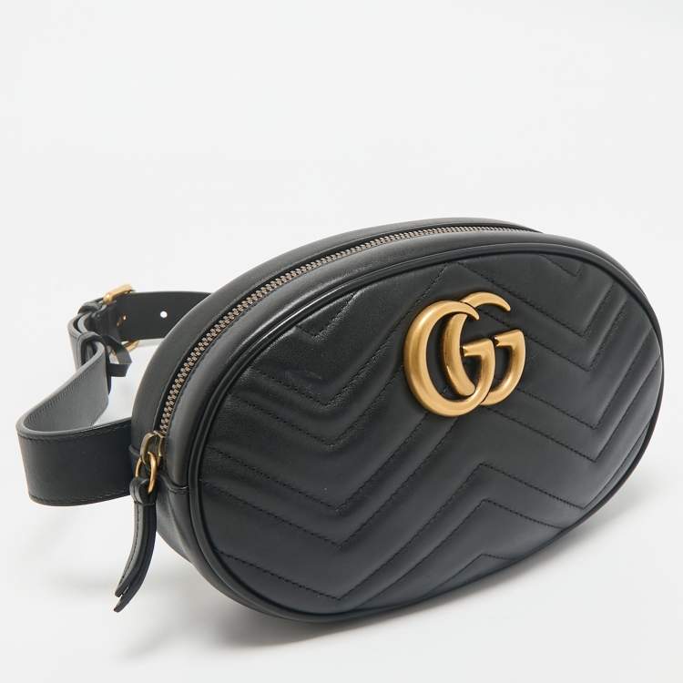 Pre Owned Gucci Black Matelassé Leather GG Marmont Belt Bag