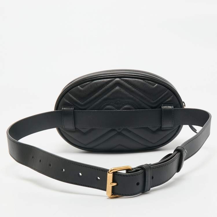 Pre Owned Gucci Black Matelassé Leather GG Marmont Belt Bag