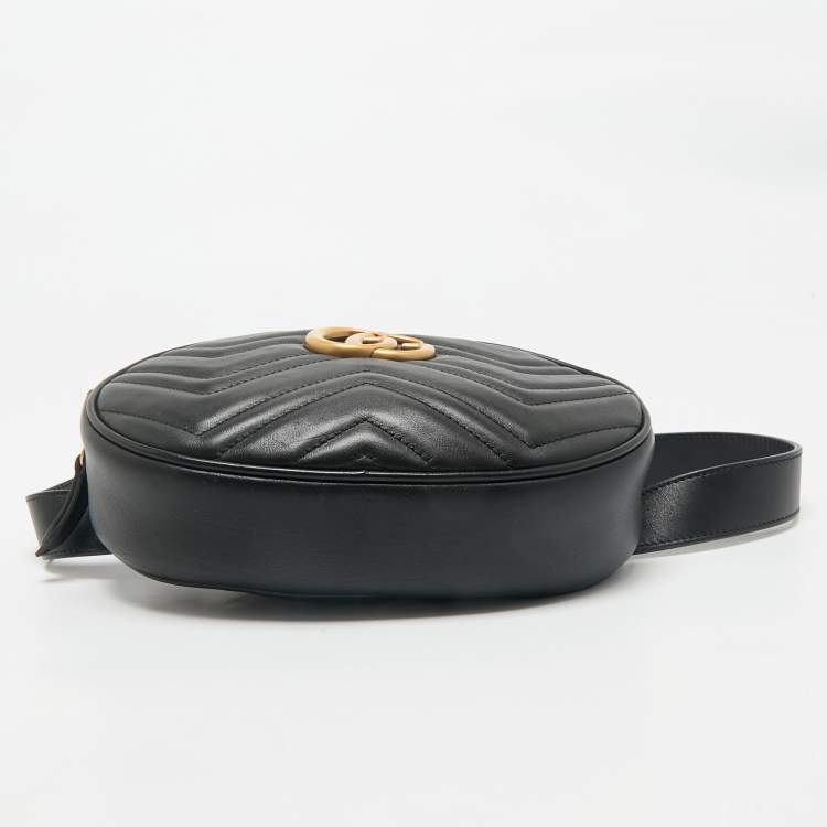 Pre Owned Gucci Black Matelassé Leather GG Marmont Belt Bag