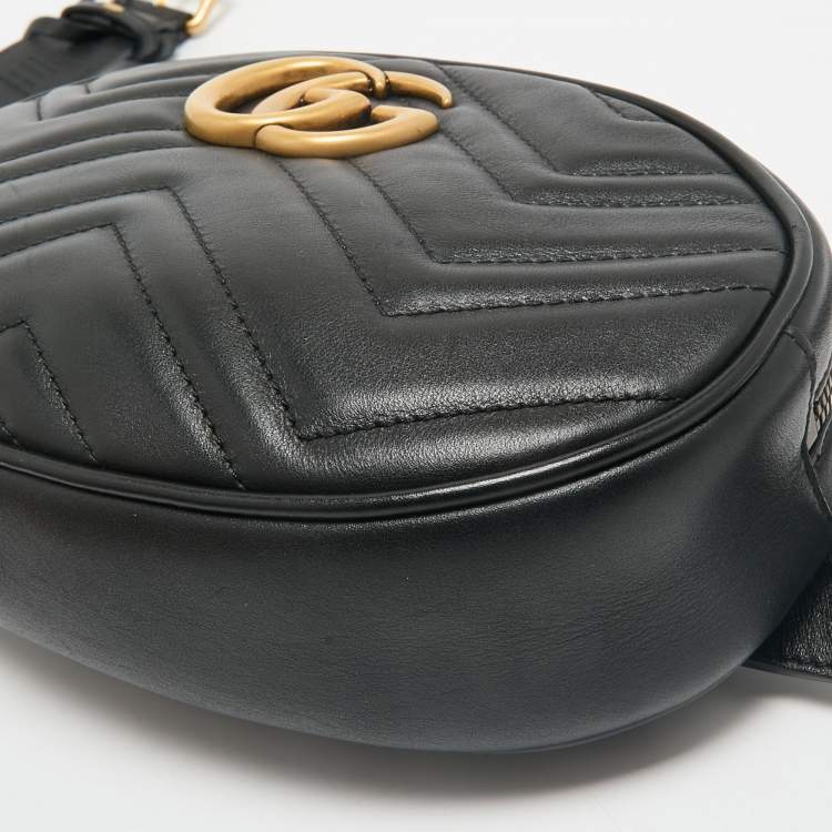 Pre Owned Gucci Black Matelassé Leather GG Marmont Belt Bag