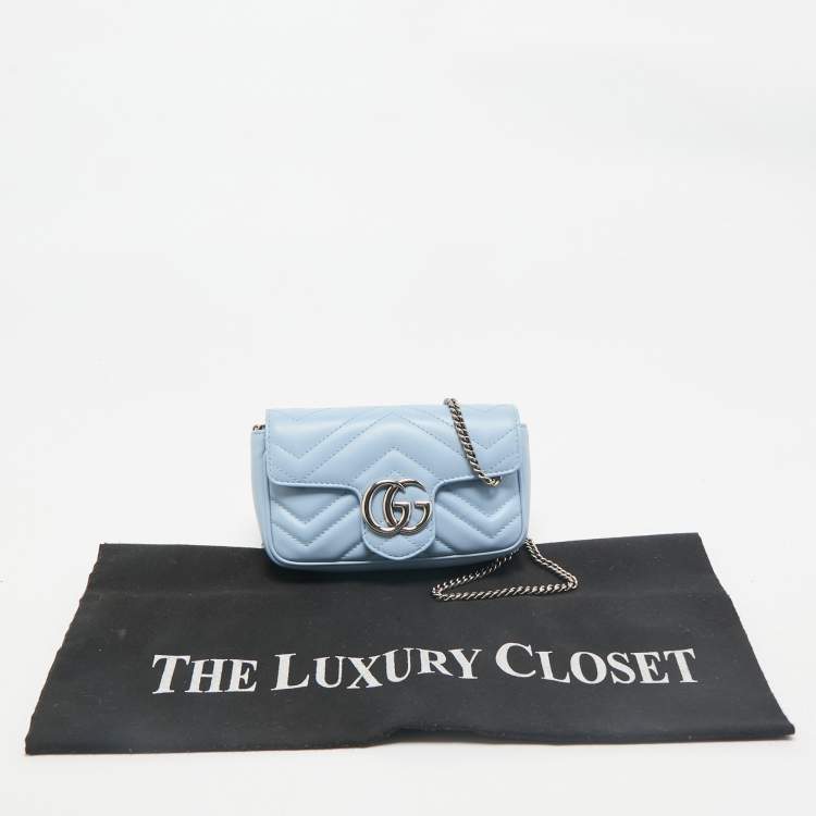 Pre Owned Gucci Light Blue Matelassé Leather Super Mini GG Marmont Shoulder Bag