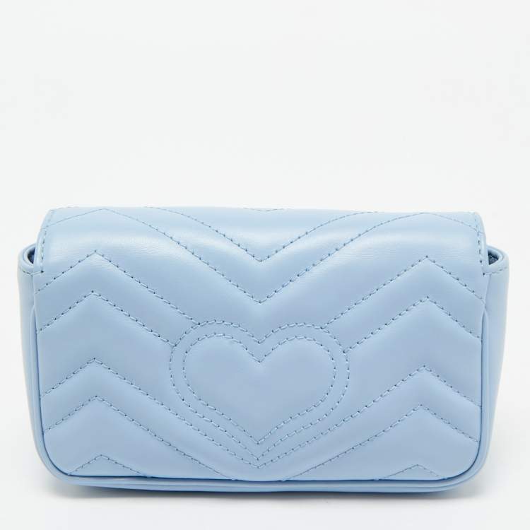 Pre Owned Gucci Light Blue Matelassé Leather Super Mini GG Marmont Shoulder Bag