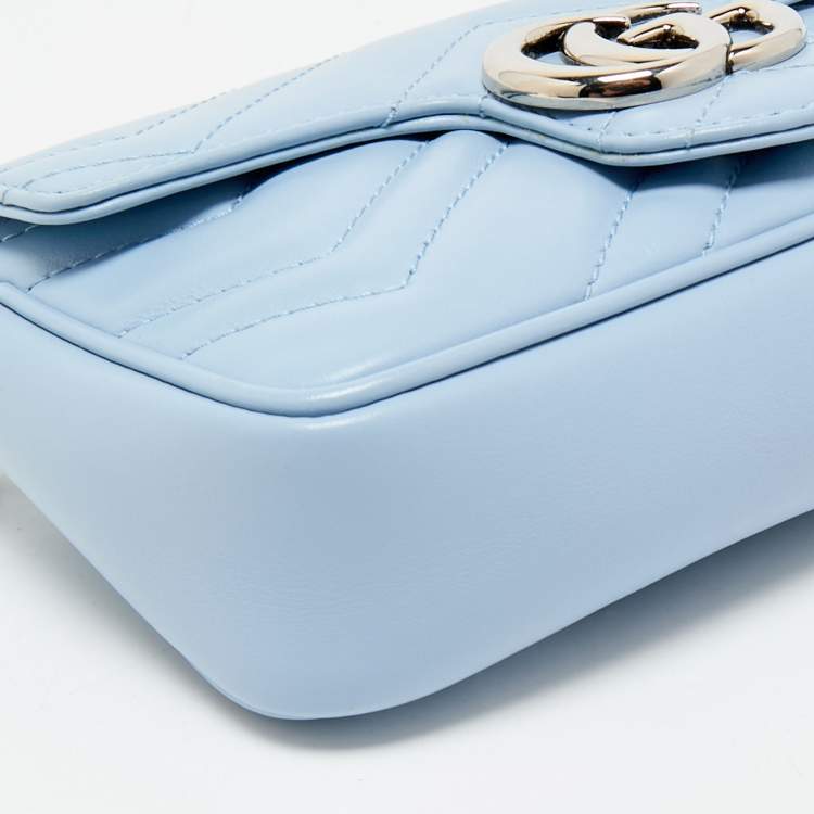 Pre Owned Gucci Light Blue Matelassé Leather Super Mini GG Marmont Shoulder Bag