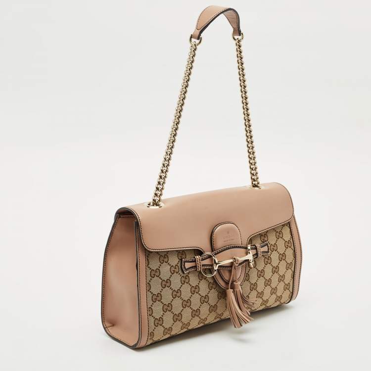 Pre Owned Gucci Beige GG Canvas and Leather Medium Emily Chain Shoulder Bag