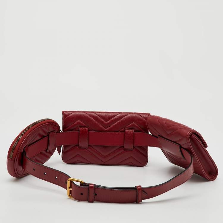 Pre Owned Gucci Red Matelasse Leather GG Marmont 2.0 Multi Belt Bag