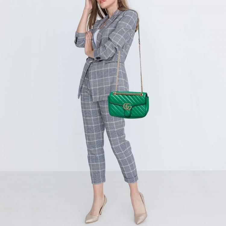 Pre Owned Gucci Green Diagonal Quilt Leather Small GG Marmont Torchon Shoulder Bag