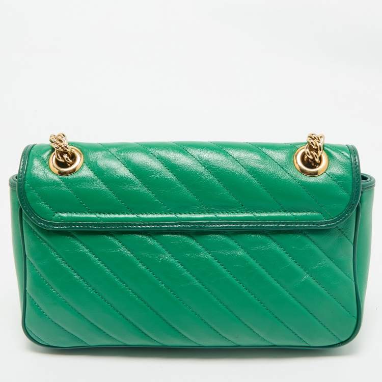 Pre Owned Gucci Green Diagonal Quilt Leather Small GG Marmont Torchon Shoulder Bag