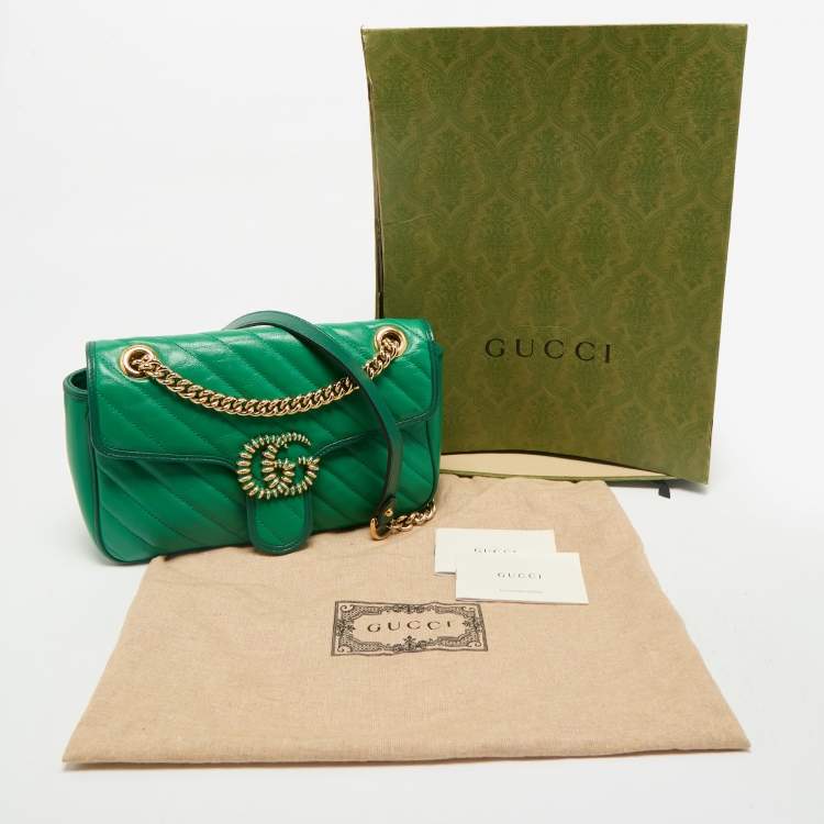 Pre Owned Gucci Green Diagonal Quilt Leather Small GG Marmont Torchon Shoulder Bag
