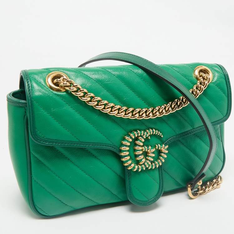 Pre Owned Gucci Green Diagonal Quilt Leather Small GG Marmont Torchon Shoulder Bag