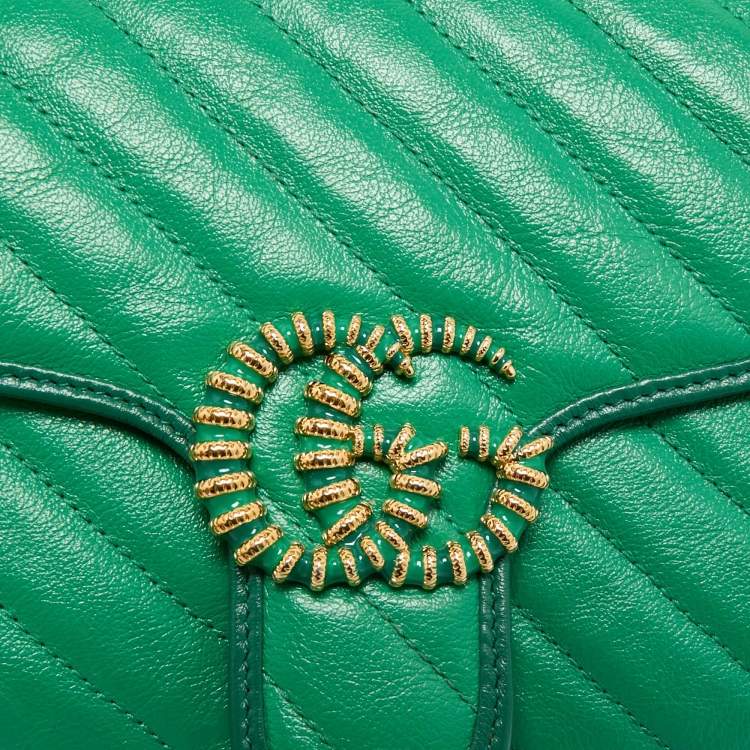 Pre Owned Gucci Green Diagonal Quilt Leather Small GG Marmont Torchon Shoulder Bag