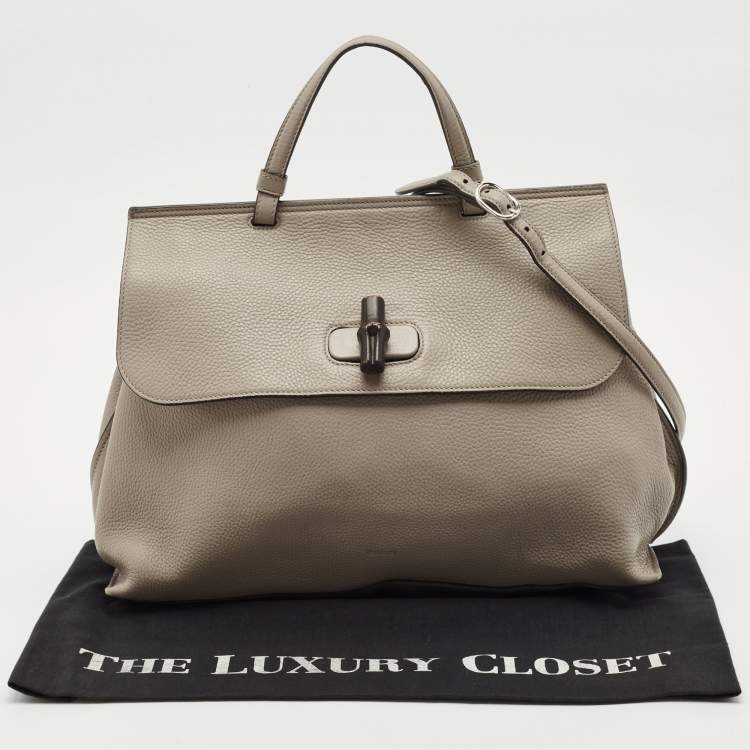Pre Owned Gucci Grey Leather Large Bamboo Daily Top Handle Bag