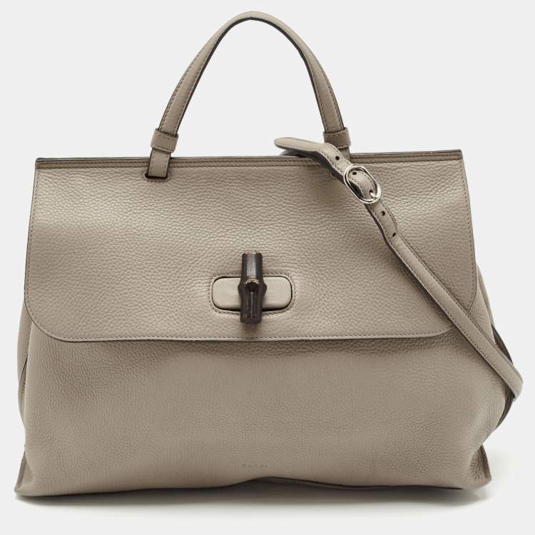 Pre Owned Gucci Grey Leather Large Bamboo Daily Top Handle Bag
